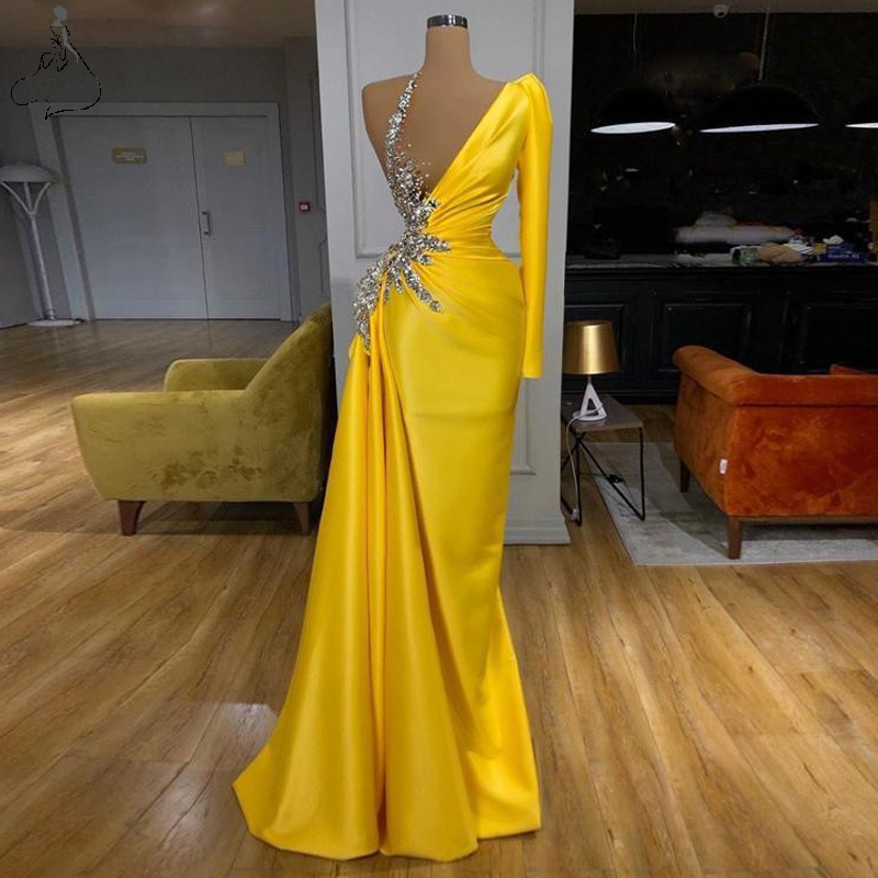 하나의 어깨 새틴 이브닝 드레스 긴 럭셔리 2021 파란색 된 Overskirt 노란색 여성 파티 정장 가운에 대 한 우아한 공식적인 드레스